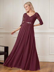 A-Line Floor-Length V-Neck Lace Chiffon Mother of the Bride Dress