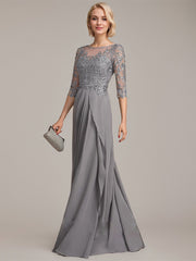 A-line Scoop Illusion Floor-Length Chiffon Lace Mother of the Bride Dress With Beading Sequins Cascading Ruffles