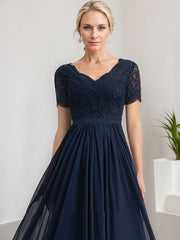 A-line V-Neck Floor-Length Lace Chiffon Mother of the Bride Dress