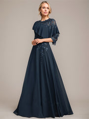 A-line Scoop Illusion Floor-Length Chiffon Lace Mother of the Bride Dress With Ruffle Sequins Beading