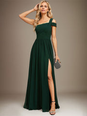 A-line Cold Shoulder One Shoulder Floor-Length Chiffon Evening Dress With Pleated