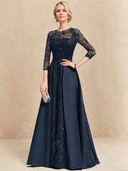 A-line Scoop Illusion Floor-Length Satin Lace Mother of the Bride Dress With Sequins