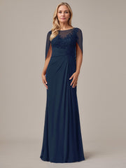 A-Line Floor-Length Boat-Neck Lace Capelet Chiffon Mother of the Bride Dress