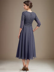 A-line V-Neck Tea-Length Chiffon Lace Mother of the Bride Dress With Beading