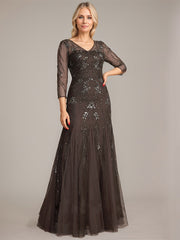 Trumpet/Mermaid Illusion V-Neck Floor-Length Tulle Sequin Lace Mother of the Bride Dress