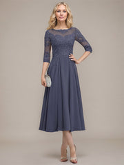 A-line Scoop Illusion Tea-Length Chiffon Lace Mother of the Bride Dress With Sequins Beading