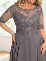 A-line Illusion Boat Neck Asymmetrical Chiffon Lace Mother of the Bride Dress With Sequins Beading