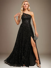 A-line One Shoulder Illusion Floor-Length Sequin Lace Evening Dress