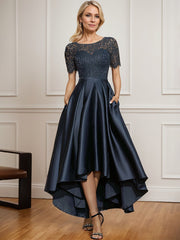 A-line Scoop Illusion Asymmetrical Satin Lace Mother of the Bride Dress