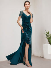 Sheath/Column V-Neck Sweep Train Velvet Evening Dress With Cascading Ruffles Beading