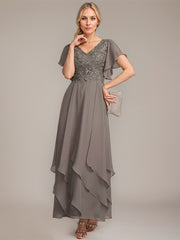 A-line V-Neck Ankle-Length Lace Chiffon Mother of the Bride Dress With Cascading Ruffles