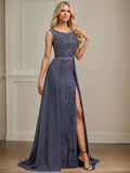 Sheath/Column Scoop Illusion Floor-Length Detachable Chiffon Lace Mother of the Bride Dress With Sequins Beading