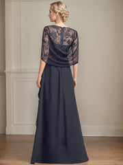 A-line Scoop Illusion Floor-Length Lace Chiffon Mother of the Bride Dress With Cascading Ruffles Sequins