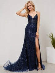 Trumpet/Mermaid V-Neck Sweep Train Tulle Prom Dresses With Sequins