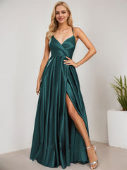 A-line V-Neck Floor-Length Satin Prom Dresses