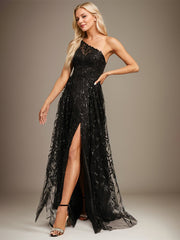 A-line One Shoulder Illusion Floor-Length Sequin Lace Evening Dress