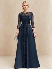 A-line Scoop Illusion Floor-Length Satin Lace Mother of the Bride Dress With Sequins