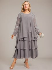 A-line Scoop Tea-Length Chiffon Mother of the Bride Dress With Cascading Ruffles