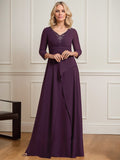 A-line V-Neck Floor-Length Chiffon Mother of the Bride Dress With Pleated Beading