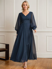 A-line V-Neck Ankle-Length Chiffon Mother of the Bride Dress With Cascading Ruffles Beading Sequins