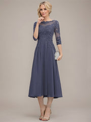 A-line Scoop Illusion Tea-Length Chiffon Lace Mother of the Bride Dress With Sequins Beading