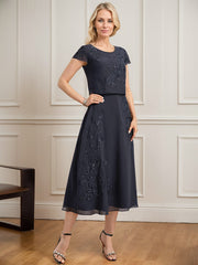 A-line Scoop Tea-Length Lace Chiffon Mother of the Bride Dress With Sequins