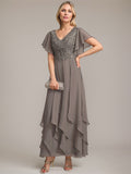 A-line V-Neck Ankle-Length Lace Chiffon Mother of the Bride Dress With Cascading Ruffles