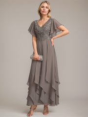 A-line V-Neck Ankle-Length Lace Chiffon Mother of the Bride Dress With Cascading Ruffles