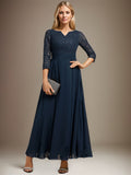 A-line V-Neck Ankle-Length Chiffon Lace Mother of the Bride Dress With Rhinestone