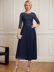 A-line Scoop Illusion Tea-Length Lace Chiffon Mother of the Bride Dress With Sequins Pleated