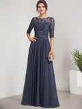 A-line Scoop Illusion Floor-Length Lace Chiffon Mother of the Bride Dress With Pleated Sequins