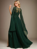 A-line V-Neck Floor-Length Lace Chiffon Evening Dress