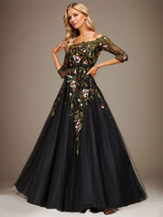 Ball-Gown/Princess Off the Shoulder Floor-Length Lace Floral Tulle Evening Dress With Beading