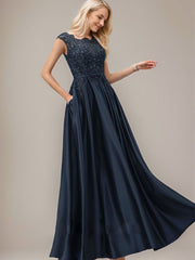 Ball-Gown/Princess Scoop Floor-Length Satin Prom Dresses With Bow Sequins Beading