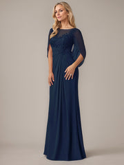 A-Line Floor-Length Boat-Neck Lace Capelet Chiffon Mother of the Bride Dress