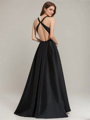 A-line V-Neck Asymmetrical Satin Evening Dress