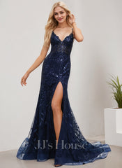 Trumpet/Mermaid V-Neck Sweep Train Tulle Prom Dresses With Sequins