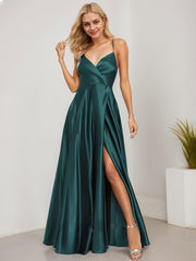 A-line V-Neck Floor-Length Satin Prom Dresses