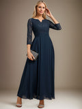 A-line V-Neck Ankle-Length Chiffon Lace Mother of the Bride Dress With Rhinestone