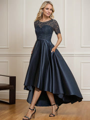 A-line Scoop Illusion Asymmetrical Satin Lace Mother of the Bride Dress