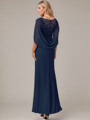 A-Line Floor-Length Boat-Neck Lace Capelet Chiffon Mother of the Bride Dress