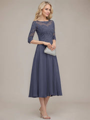 A-line Scoop Illusion Tea-Length Chiffon Lace Mother of the Bride Dress With Sequins Beading