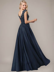 Ball-Gown/Princess Scoop Floor-Length Satin Prom Dresses With Bow Sequins Beading