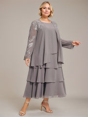 A-line Scoop Tea-Length Chiffon Mother of the Bride Dress With Cascading Ruffles