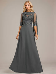 A-line Scoop Floor-Length Lace Chiffon Mother of the Bride Dress With Pleated Sequins