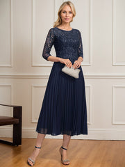 A-line Scoop Illusion Tea-Length Lace Chiffon Mother of the Bride Dress With Sequins Pleated