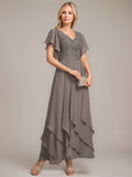 A-line V-Neck Ankle-Length Lace Chiffon Mother of the Bride Dress With Cascading Ruffles