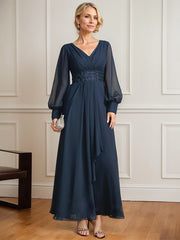 A-line V-Neck Ankle-Length Chiffon Mother of the Bride Dress With Cascading Ruffles Beading Sequins