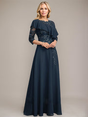 A-line Scoop Illusion Floor-Length Chiffon Lace Mother of the Bride Dress With Ruffle Sequins Beading