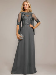 A-line Scoop Floor-Length Lace Chiffon Mother of the Bride Dress With Pleated Sequins